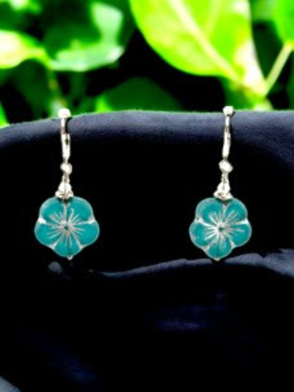 Blue Czech Glass Hibiscus Earrings Silver Filled Floral Dangle